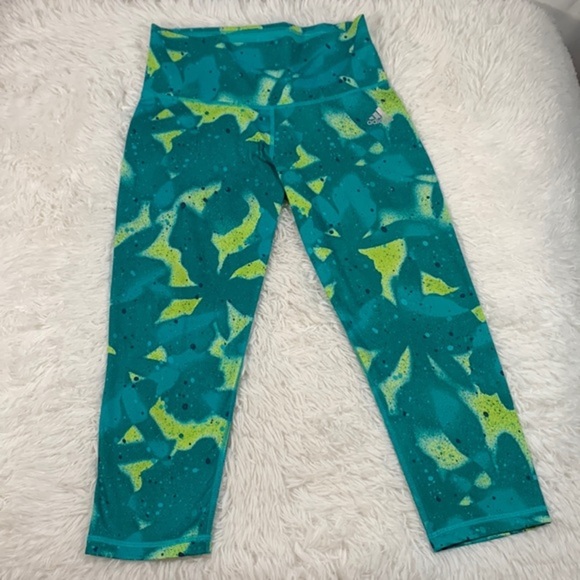 Adidas Climalite Mid-Rise Blue & Green Speckled Cropped Leggings - Picture 1 of 9